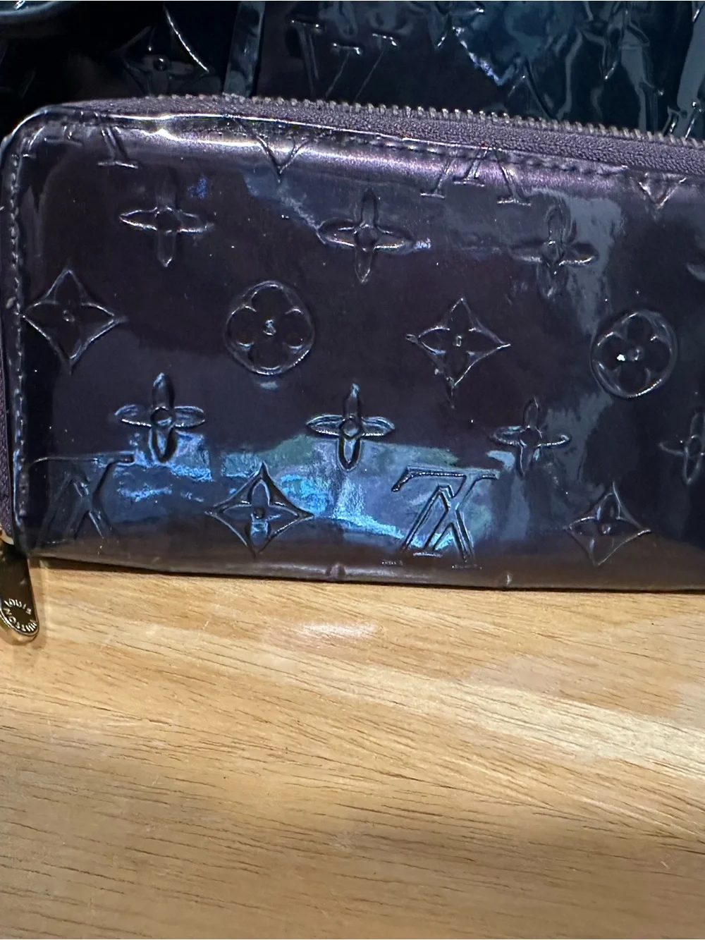 Black Patent Leather Purse with Gold Hardware with dark purple NWT wallet